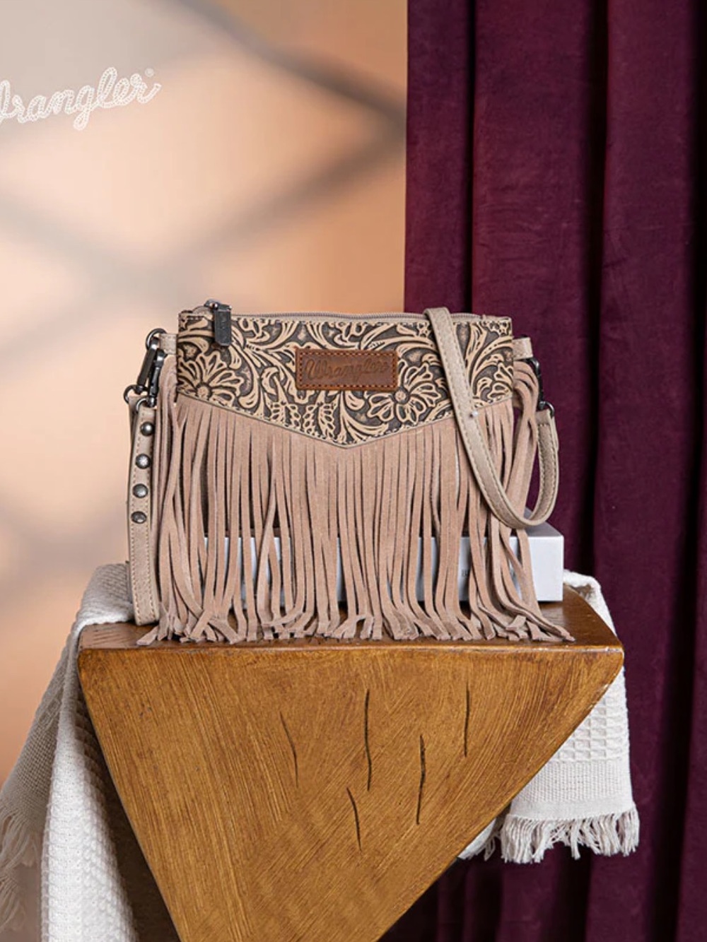 NWT Wrangler Vintage Floral Western Fringe Crossbody Bag - Khaki - Picture 2 of 10